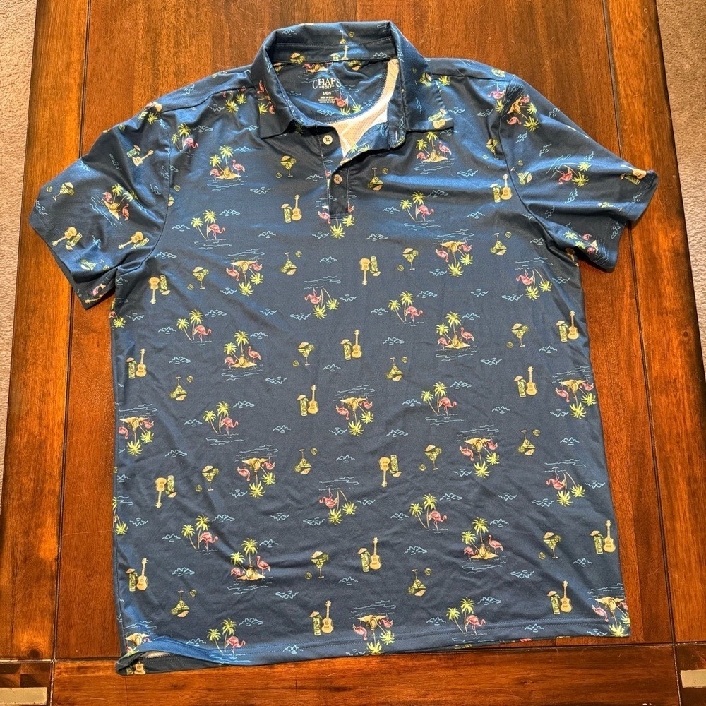 Chaps Golf Polo Shirt Men Large Navy Blue Tropical Flamingo Performance Novelty